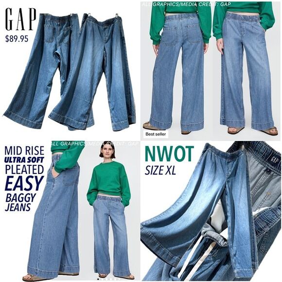 NWOT GAP UltraSoft Pleated Easy Baggy Jeans Drapey Tencel Wide Leg Elastic Waist - Picture 1 of 11